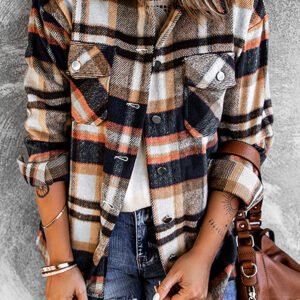 Geometric Plaid Print Pocketed Shacket
