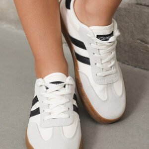 White Striped Lace-up Flat Sneakers