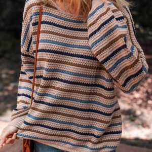 Multicolour Striped Knitted Drop Shoulder Round Neck Sweater