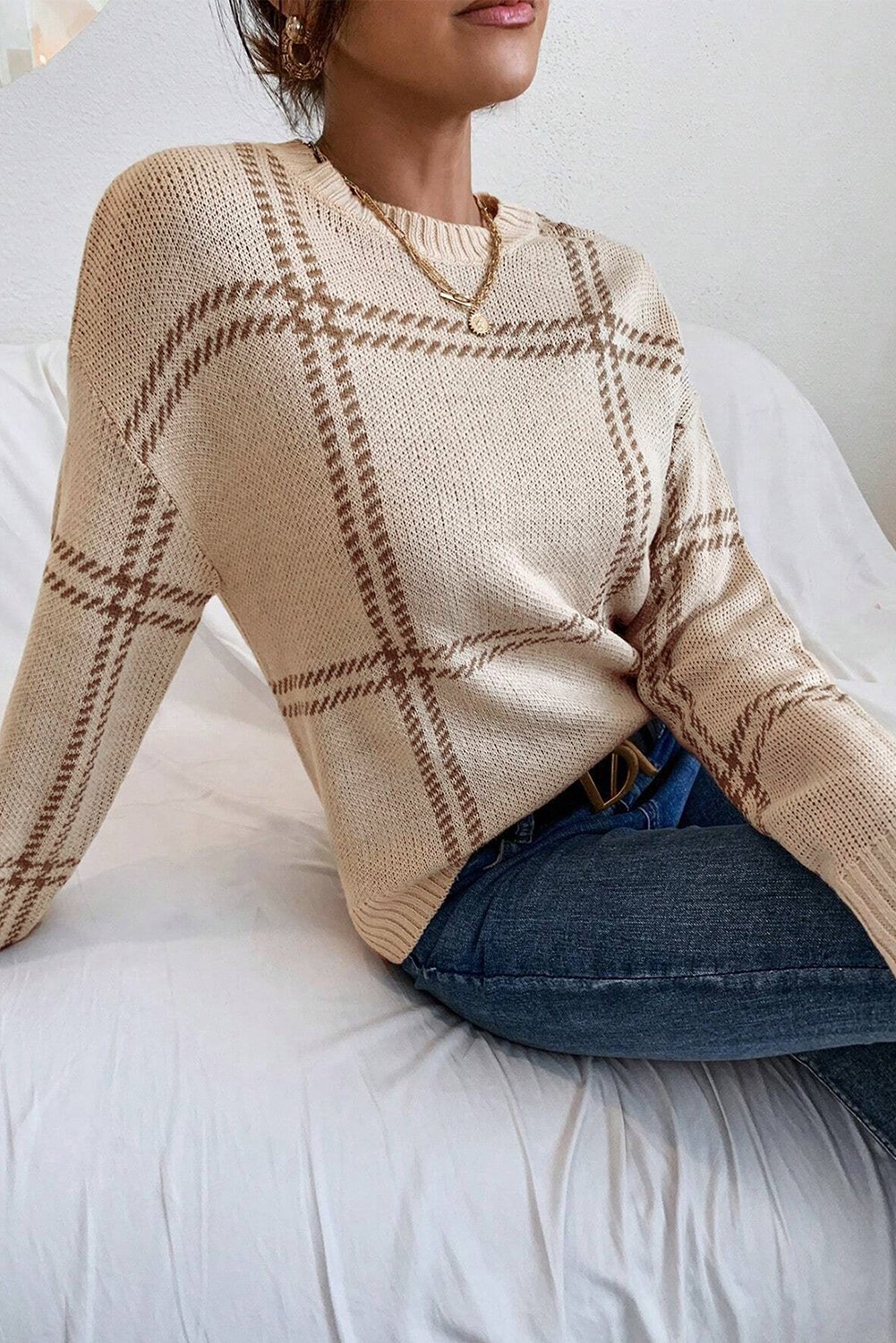 Khaki Plaid Pattern Knitted Drop Shoulder Sweater - Image 8
