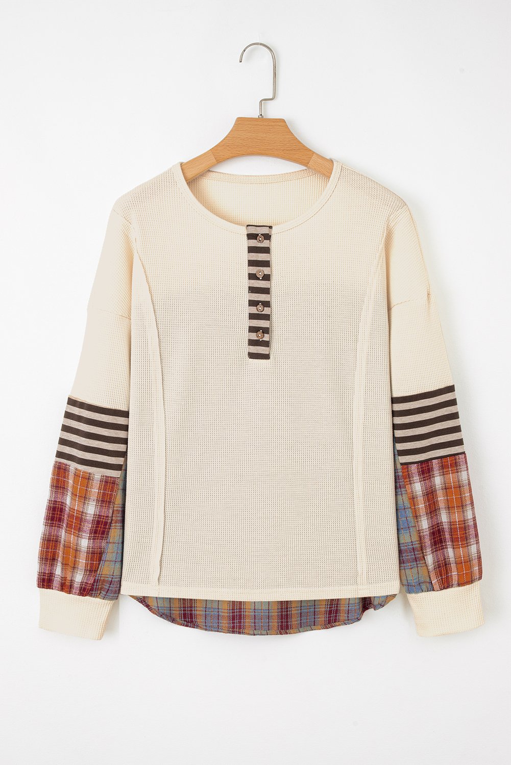 Beige Waffle Stripe Plaid Patchwork Henley Knit Top - Image 3