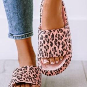 Pink Leopard Print Thick Sole Slip On Slippers