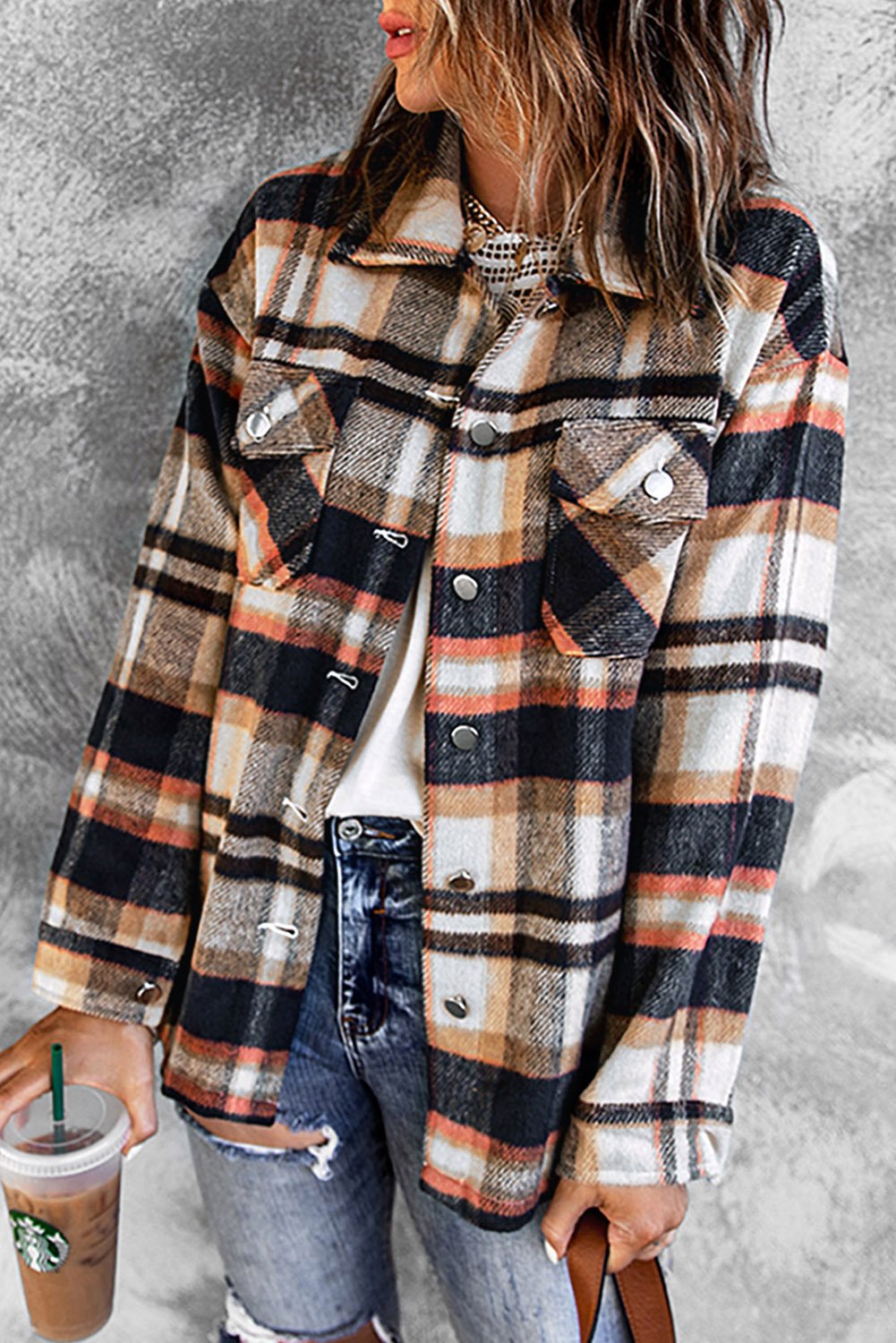 Geometric Plaid Print Pocketed Shacket - Image 3