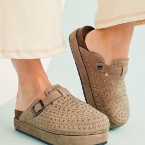 Parchment Rivet Buckle Closed Toe Platform Slippers