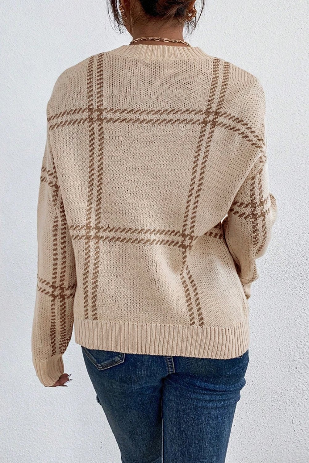 Khaki Plaid Pattern Knitted Drop Shoulder Sweater - Image 7