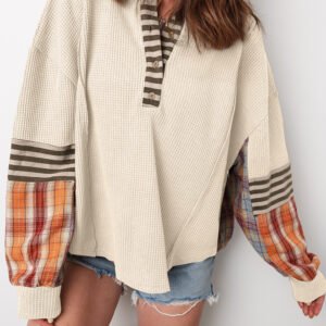 Beige Waffle Stripe Plaid Patchwork Henley Knit Top