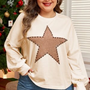 Beige Star Shape Studded Crew Neck Plus Size T Shirt