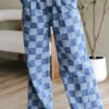Dusk Blue Checkered Denim Wide Leg Jeans