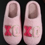 Pink XO XO Glitter Trim Letter Patched Plush House Slippers
