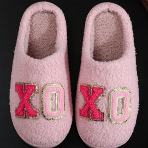 Pink XO XO Glitter Trim Letter Patched Plush House Slippers