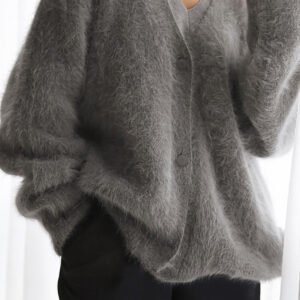 Philippine Gray V Neck Button Down Fuzzy Knit Mohair Sweater Cardigan