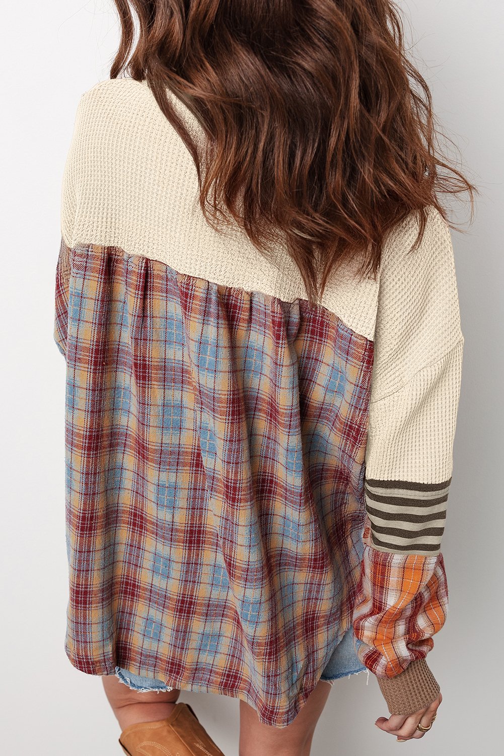 Beige Waffle Stripe Plaid Patchwork Henley Knit Top - Image 2