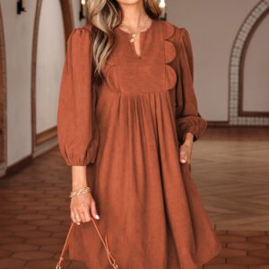 Cinnamon Bracelet Sleeve Split Neck Scallop Detail Pleated Corduroy Mini Dress