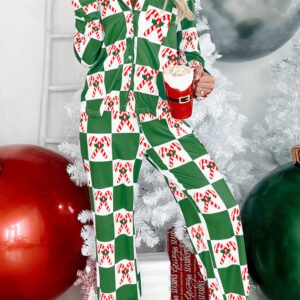 Green Holly Jolly Checkered Pattern 2pcs Long Pajama Set