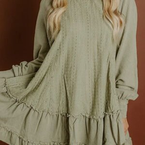 Laurel Green Jacquard Frilled Ruffled Long Sleeve Mini Dress
