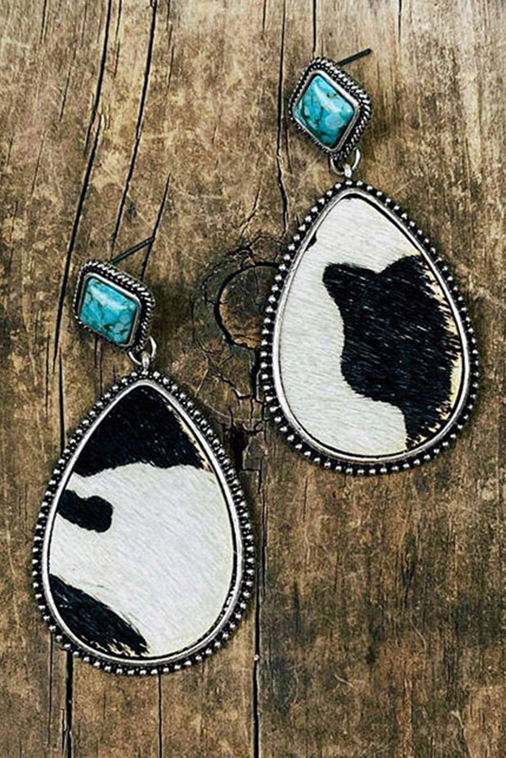 Black Cow Print Turquoise Drop Earrings - Image 2