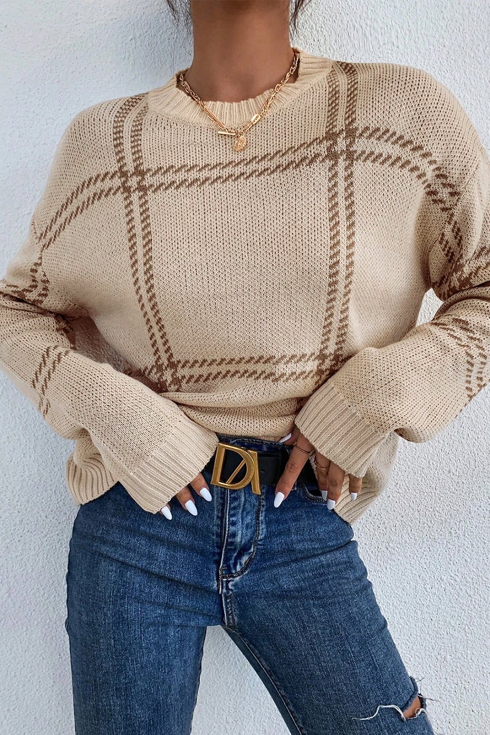 Khaki Plaid Pattern Knitted Drop Shoulder Sweater - Image 6
