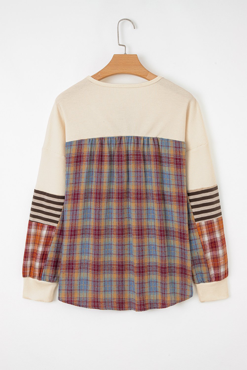 Beige Waffle Stripe Plaid Patchwork Henley Knit Top - Image 4