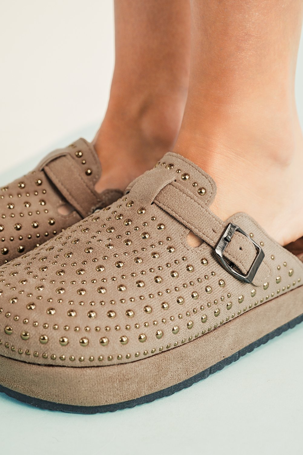 Parchment Rivet Buckle Closed Toe Platform Slippers - Image 4