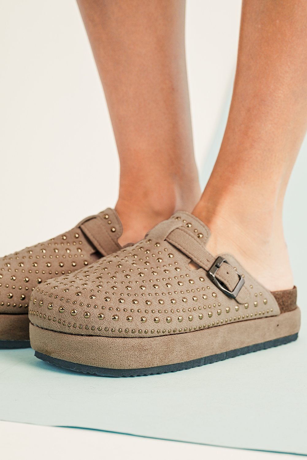 Parchment Rivet Buckle Closed Toe Platform Slippers - Image 3