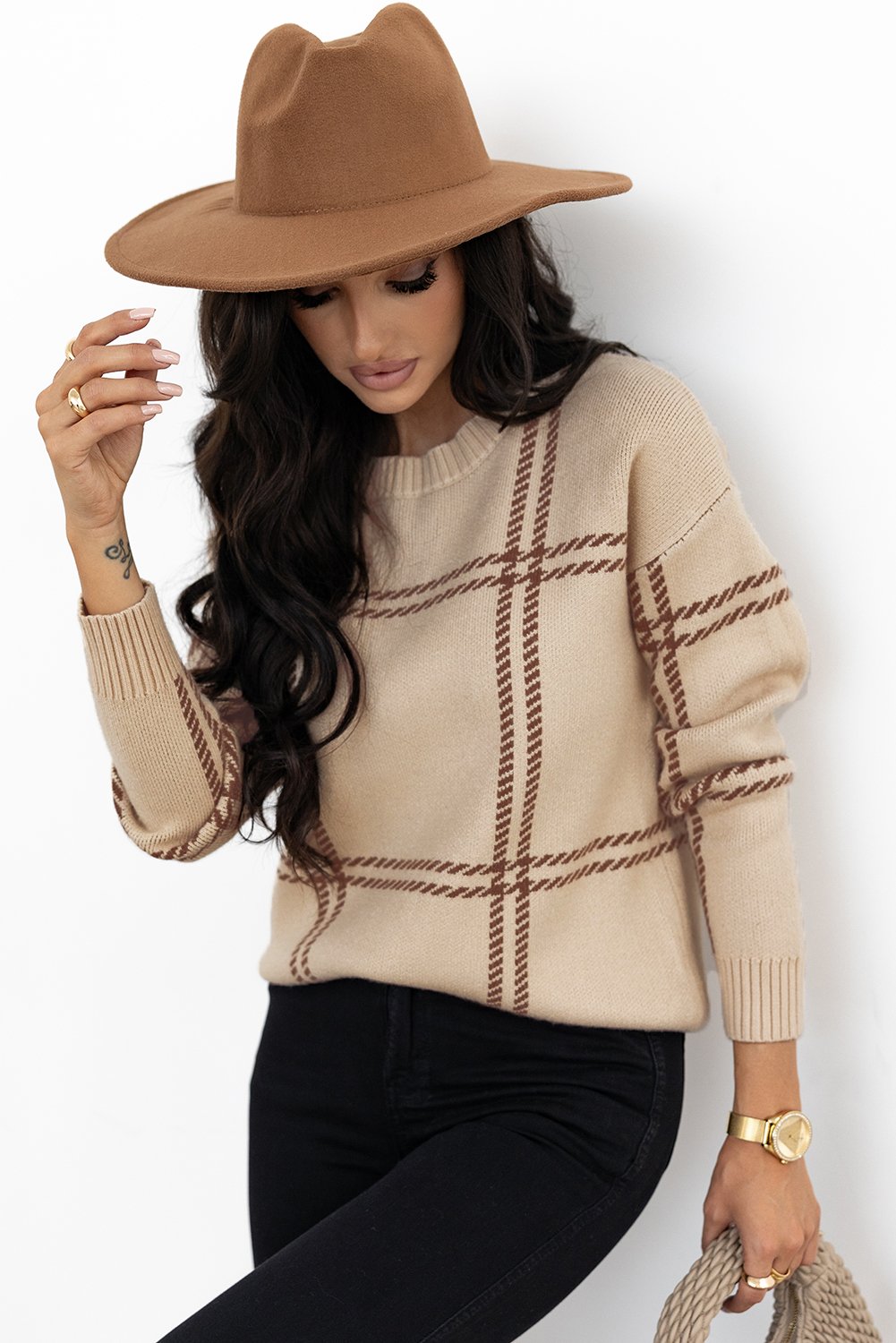 Khaki Plaid Pattern Knitted Drop Shoulder Sweater - Image 4