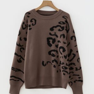 Camel Asymmetric Leopard Print Detail Drop Shoulder Sweater