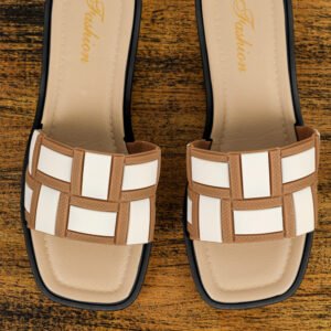 Beige Two Tone Contrast PU Leather Square Toe Slippers