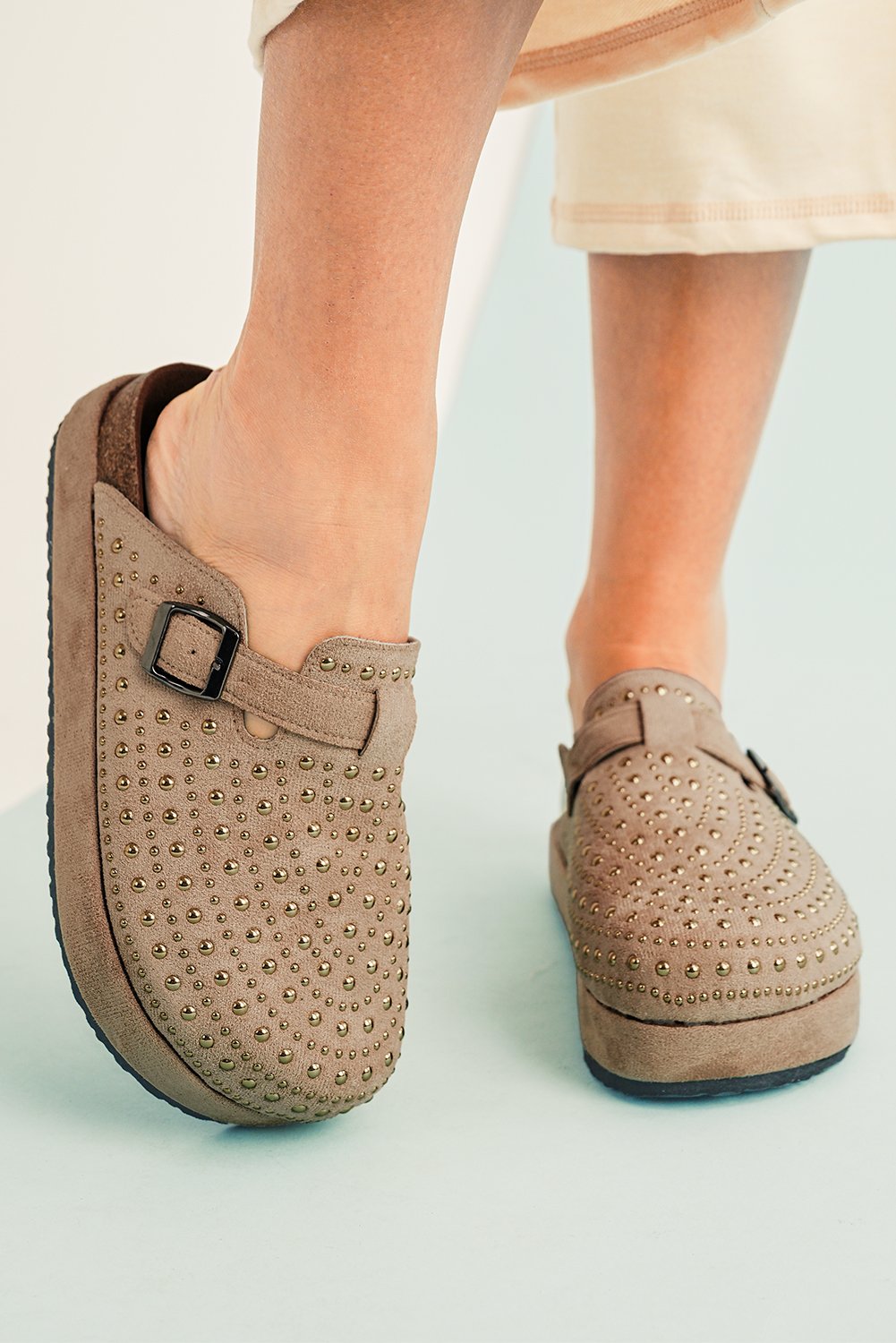 Parchment Rivet Buckle Closed Toe Platform Slippers - Image 2