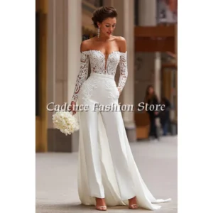 Demure simple trousers lace wedding dress strapless straight trousers with trailing casual bridal dresses customized