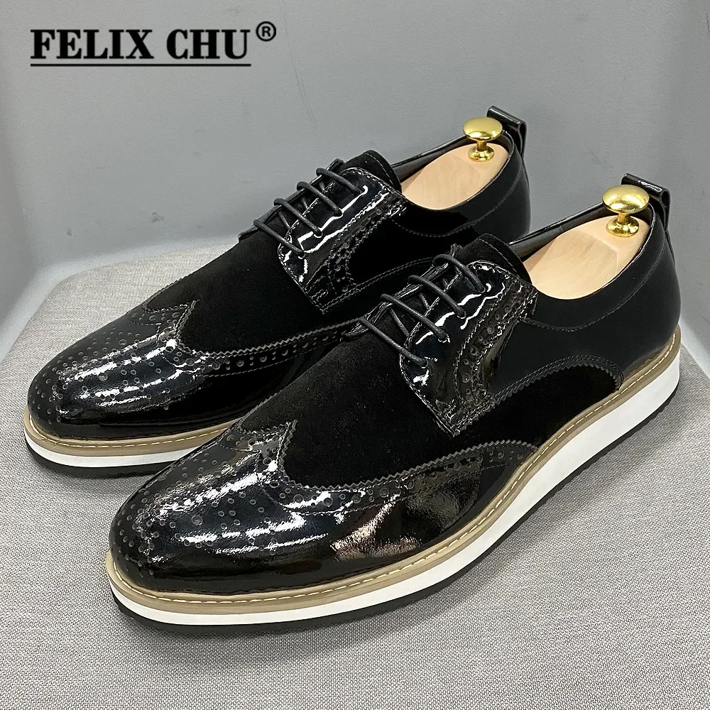 Men's British Style Classic Business Casual Shoes Patent Leather Suede Wingtip Brogue Oxfords Black Flat Fashion Footwear - Image 2