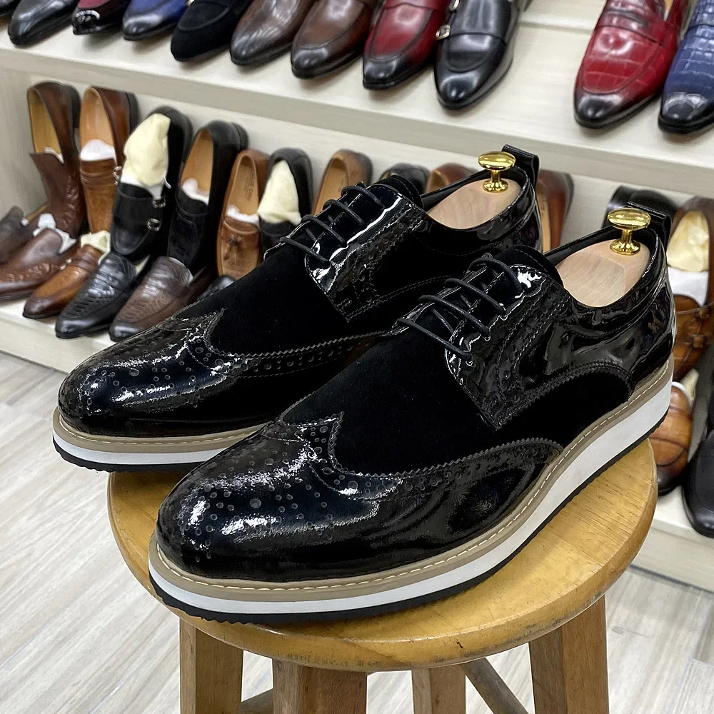 Men's British Style Classic Business Casual Shoes Patent Leather Suede Wingtip Brogue Oxfords Black Flat Fashion Footwear - Image 4