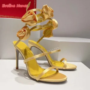 Solid Yellow Floral Sandals Summer New Arrival Thin High Heel Round Toe Fashion Commute Sexy Party Lace-up Shoes footwear