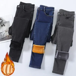 Winter Lady Thermal Plush Jeans Snow Warm Stretch Jeans Hot Sale High Waist Fleece Pants Female Straight Leg Denim Trousers
