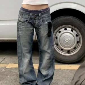 2025 Autumn Women's Blue Y2k Baggy Jeans Harajuku Japanese 2000s Style Denim Trousers American Vintage Jean Pants Trashy Clothes