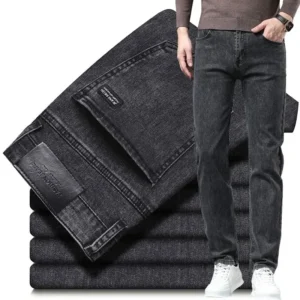 Amekaji Men Fashion Slim Fit Jeans Male Elasticity Smart Casual Mid Classics Straight Denim Pants Wedding Party Black Trousers