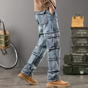 American Style New Workwear with Multiple Pockets, Men's Loose Straight Leg Oversized Pants, Autumn and Winter Long Pants
